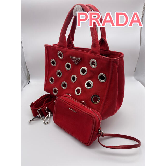 プラダ PRADA カナパ ミニ 2WAY トート バッグ グロメット レッド