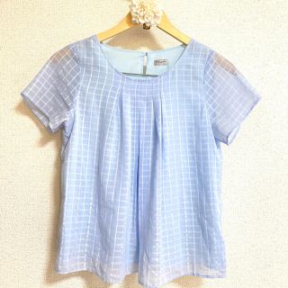 アオキ(AOKI)の【美品】半袖チェック　ブラウス　ブルー(シャツ/ブラウス(半袖/袖なし))