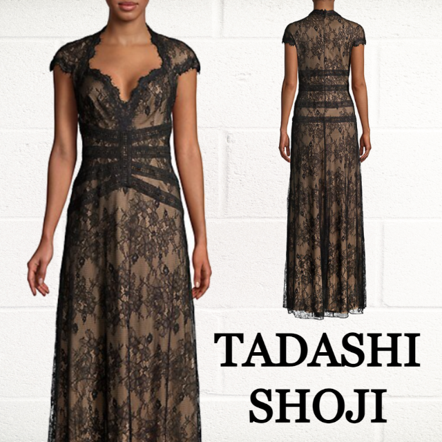 SALE☆【TADASHI SHOJI】クイーンアンネックラインレースガウンフォーマル/ドレス