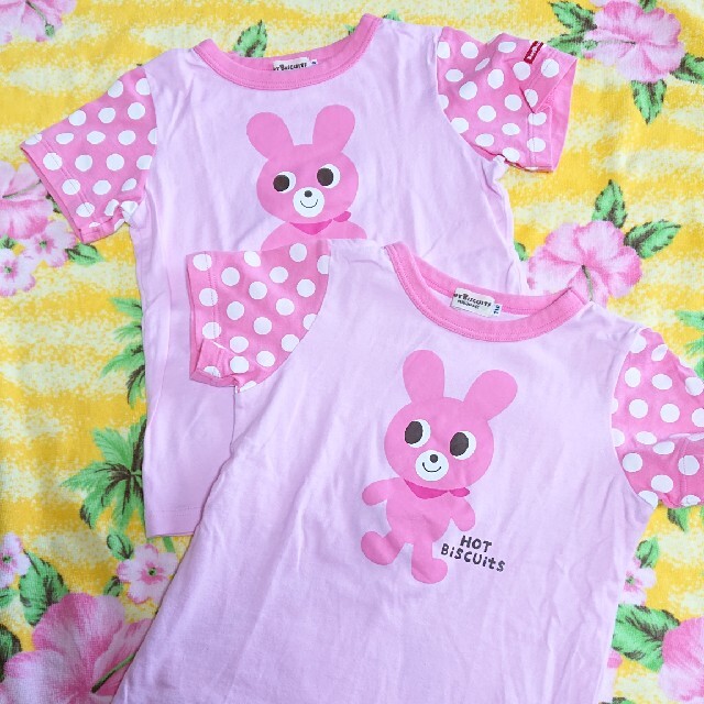 mikihouse(ミキハウス)の⑦ミキハウス（HOT.B）♥ピンク袖ドット♥Ꭲシャツセット♥110cm キッズ/ベビー/マタニティのキッズ服女の子用(90cm~)(Tシャツ/カットソー)の商品写真