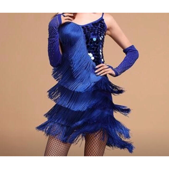 【値下げしました】新品　社交ダンス　ワンピース  斜めフリンジドレス　衣装　青