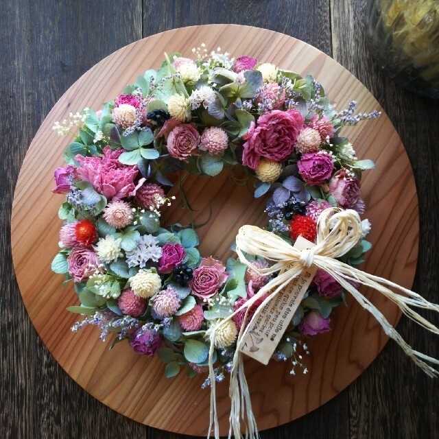 ハンドメイド紫陽花と小花のお花畑リース