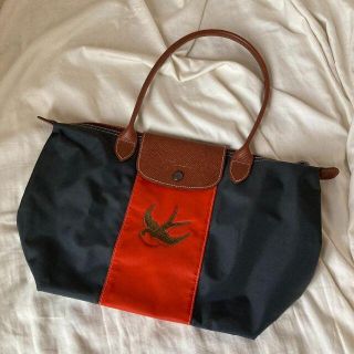 ロンシャン(LONGCHAMP)のロンシャン ハンドバッグ　燕　ツバメ　刺繍　バイカラー　プリアージュ　カスタム(トートバッグ)