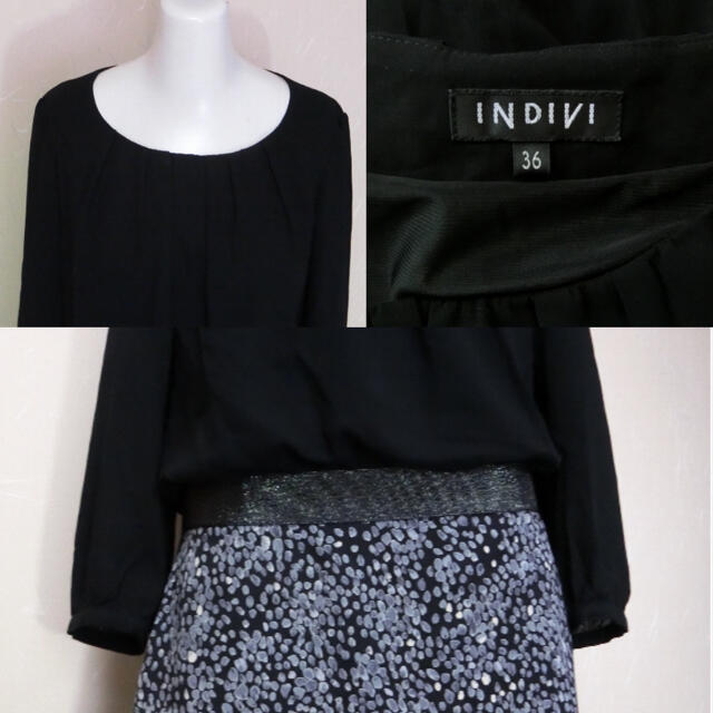 INDIVI(インディヴィ)のINDIVI インディヴィ　黒いシフォンとグレー系の柄スカートのワンピース 36 レディースのワンピース(ひざ丈ワンピース)の商品写真