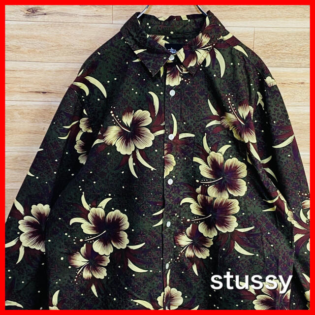 【春夏】stussy ステューシー　総柄シャツ　花柄　長袖　M  ブラウン　茶