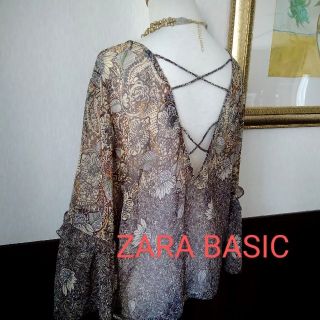 ザラ(ZARA)のZARA BASIC　ブラウン　花柄　チュール　チュニック(シャツ/ブラウス(長袖/七分))