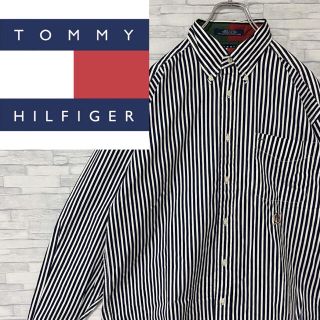 トミーヒルフィガー(TOMMY HILFIGER)の【美品】90s トミーヒルフィガー　BDシャツ刺繍　ストライプゆるダボ白✖︎紺L(シャツ)