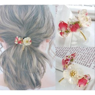 レジン　ドライフラワー　押し花ヘアーアクセサリー　押し花ポニーフック(ヘアアクセサリー)