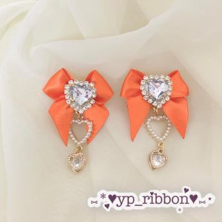 《e1OR5B》リボンイヤリング 量産型 地雷系 推し色 オレンジ 韓国
