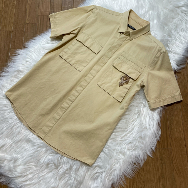 本物 名作 バルマンオム 胸元エンブレム刺繍 半袖 シャツ 38 ベージュ