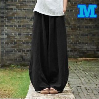 アジアン エスニック サルエル ロングパンツ 黒　無地 ゴム 綿  ワイドパンツ(サルエルパンツ)