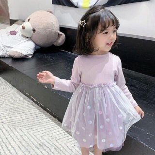 [残3]韓国子供服 Tulle Onepiece〔新品/90/purple〕(ワンピース)