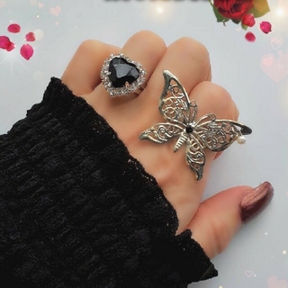 butterfly&bijouଘ♡ଓBlack ring set(リング)