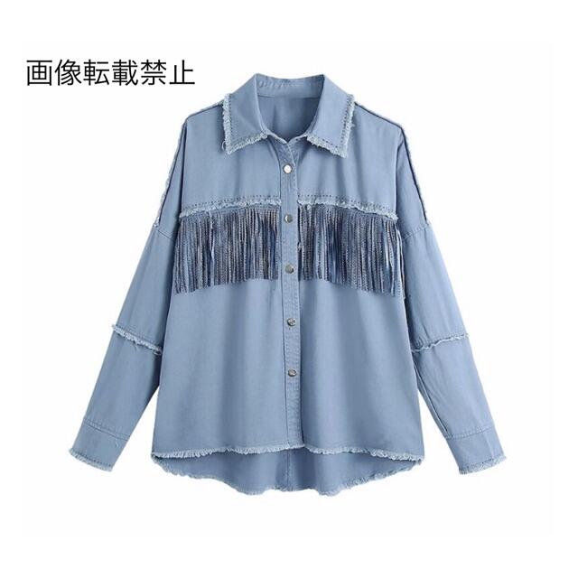 ZARA(ザラ)の🌼春新作💐4012◆スタッズ フリンジ デニム シャツ ジャケット レディースのトップス(シャツ/ブラウス(長袖/七分))の商品写真