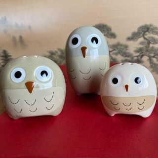 フクロウ調味料入れ【陶器】３個セット(収納/キッチン雑貨)