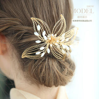ヘアアクセサリー ゴールド ヘッドドレス ボンネ 髪飾り ウェディング 結婚式(ヘッドドレス/ドレス)