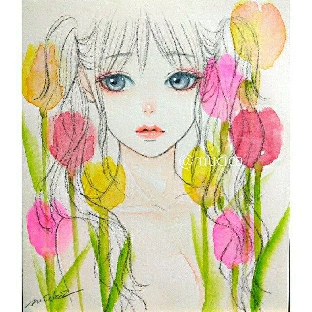 手描きイラスト オリジナル Drawing 創作 女の子 水彩 直筆原画 絵画 線画 艶樹 超大特価 創作