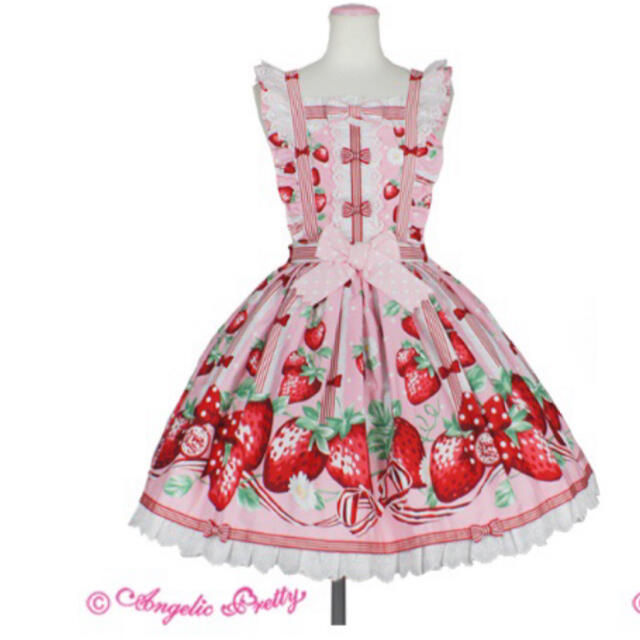 Angelic Pretty(アンジェリックプリティー)のアンジェリックプリティ　摘みたていちご　エプロン風スカート　ピンク レディースのスカート(ひざ丈スカート)の商品写真