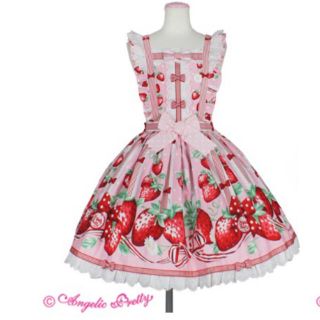 アンジェリックプリティー(Angelic Pretty)のアンジェリックプリティ　摘みたていちご　エプロン風スカート　ピンク(ひざ丈スカート)