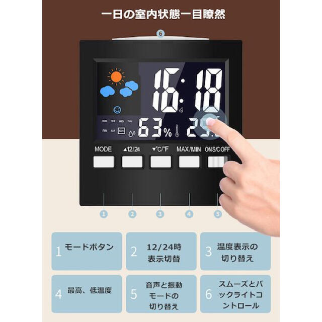 デジタル温湿度計 置き時計 目覚まし時計 めざまし湿度計 インテリア/住まい/日用品のインテリア小物(置時計)の商品写真