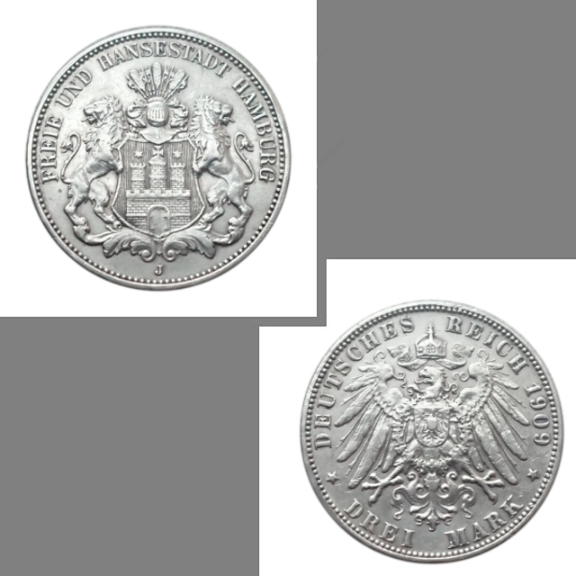 ドイツ 銀貨 3マルク ハンブルク紋章 １枚