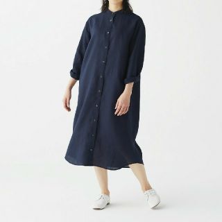 ムジルシリョウヒン(MUJI (無印良品))の無印良品フレンチリネン洗いざらしスタンドカラーワンピース／Ｌ／ダークネイビー(ひざ丈ワンピース)