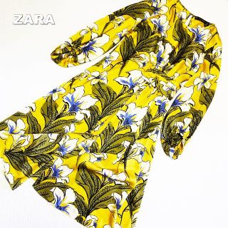 ザラ(ZARA)の【ZARA】ウエストベルト パフスリーブ ボタニカル総柄 ワンピース(ひざ丈ワンピース)