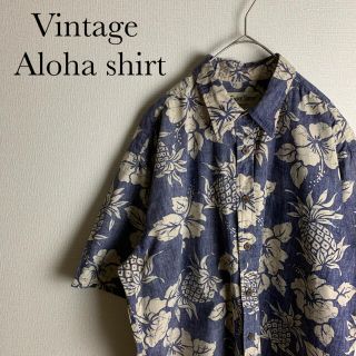 US ビンテージ 古着 総柄 柄シャツ 半袖 パイナップル柄 アロハ シャツ L(シャツ)