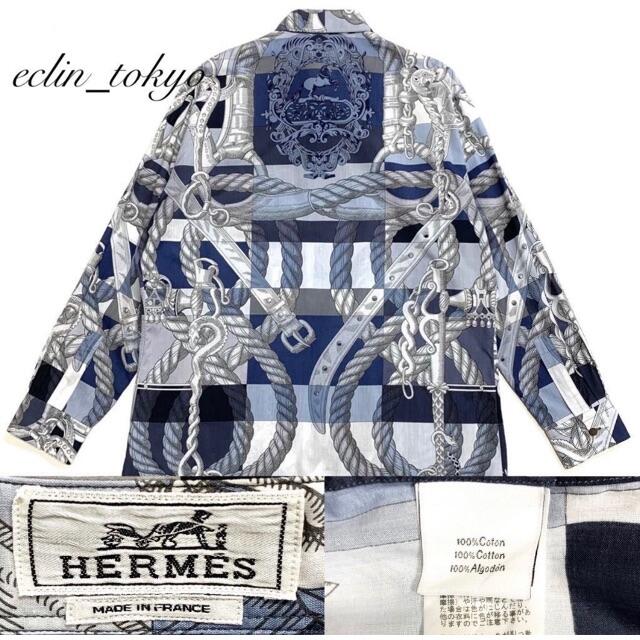 HERMES チェーン総柄 コットン シャツ セリエボタン E2558 HERMES チェーン総柄 コットン シャツ セリエボタン E2558