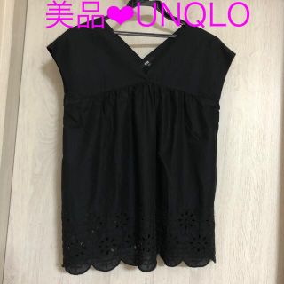 ユニクロ(UNIQLO)の最終特価★UNQLO 黒 S エンブロイダリーレース フレンチスリーブブラウス(シャツ/ブラウス(半袖/袖なし))