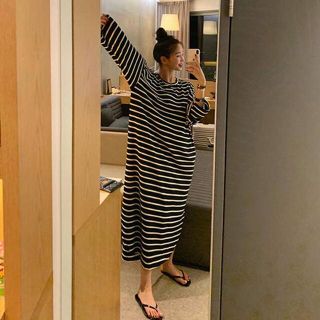 ストライプ サイドスリット ゆったり オーバーサイズ 長袖 妊婦服 ...