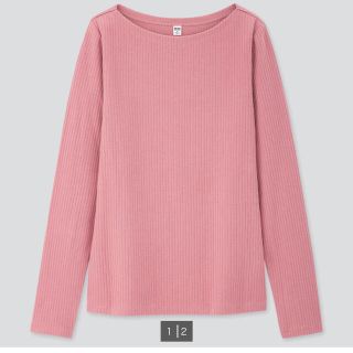 ユニクロ(UNIQLO)の新品タグ付 ユニクロ  リブボートネックT（長袖）ピンク Lサイズ(カットソー(長袖/七分))