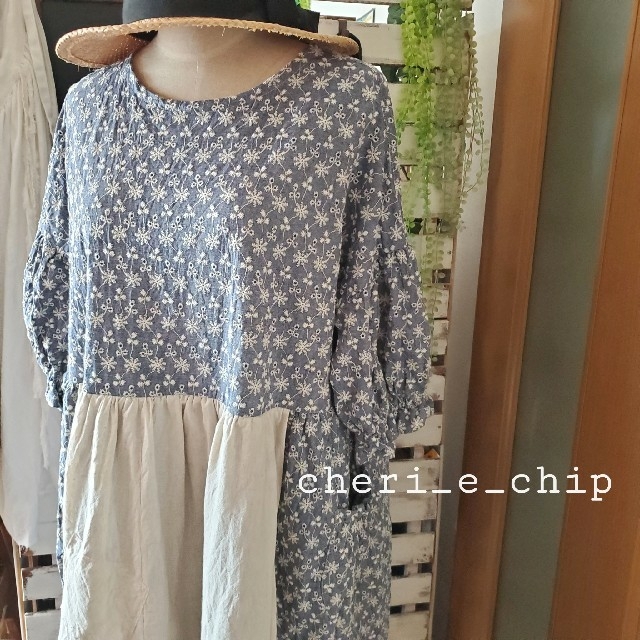 リネンナチュラル服cheri_e_chip○刺繍レースコットンのエプロン付ワンピース