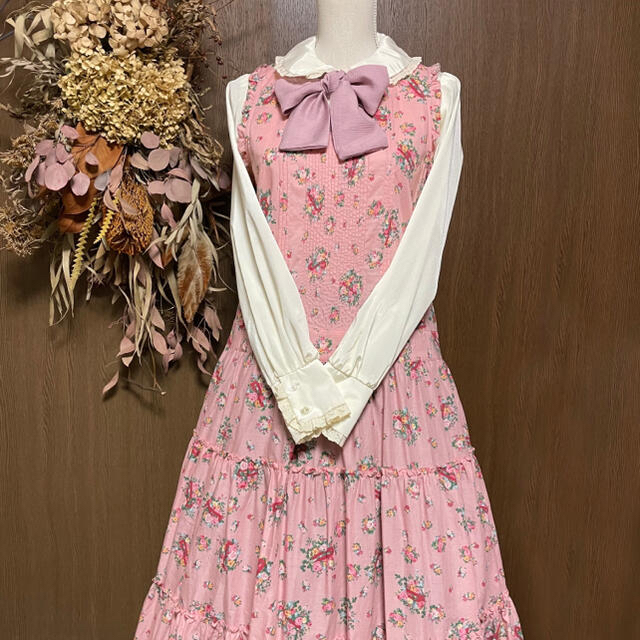 エクルベージュ ピンクハウス ロングワンピース フリル レース 前開き