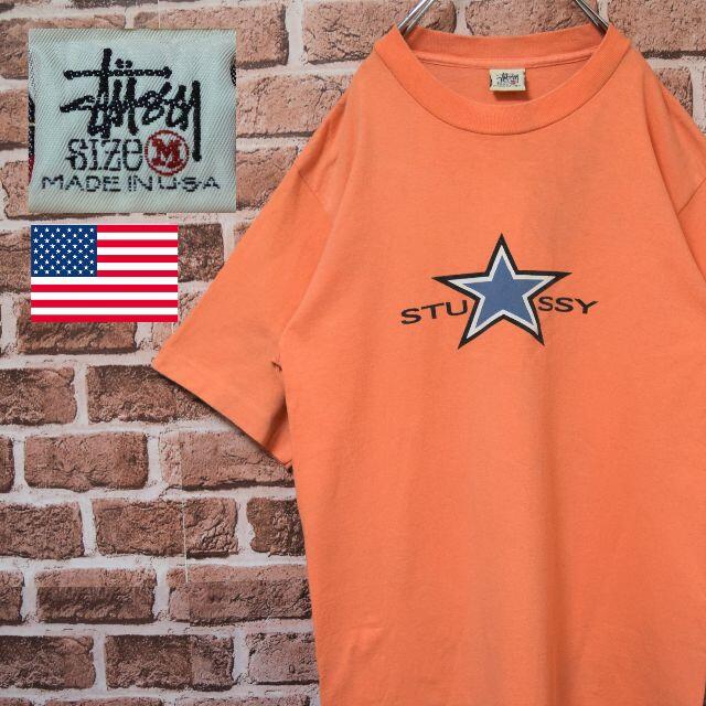 《ステューシー》90s白タグ　USA製　オレンジ系　両面ビッグロゴ　M　Tシャツ