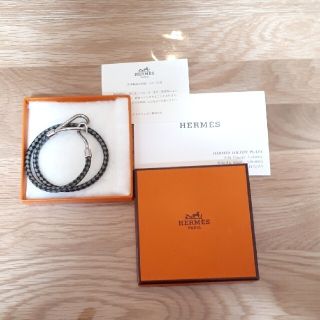 エルメス(Hermes)のHERMES　ジャンボフックレザーチョーカー　ブレスレット　黒×グレー×シルバー(ブレスレット/バングル)