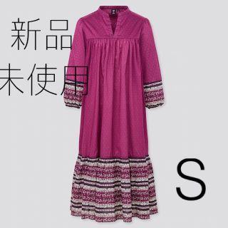 ユニクロ(UNIQLO)のユニクロ　ANNA SUI　コットン　ワンピース　7分袖　S ピンク　パープル(ロングワンピース/マキシワンピース)