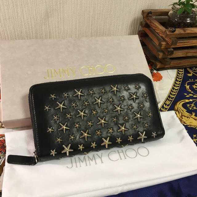 美品★ジミーチュウ CARNABY カーナビー スタースタッズ ラウンドファスナー レザー ロングウォレット／長財布 ホワイト 伊製 箱・保存袋付