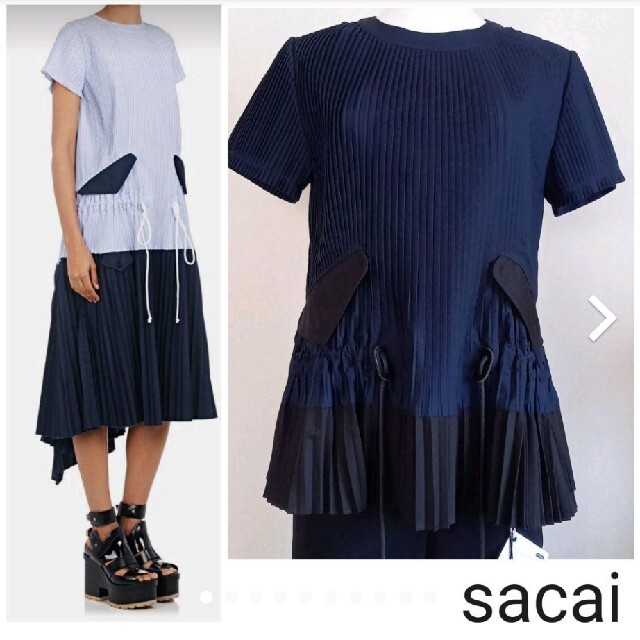 sacai サカイ☆プリーツブラウス ☆ネイビー