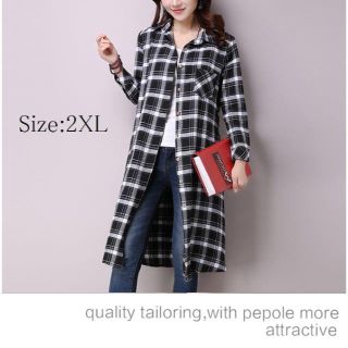 秋物SALE【2XL】チェック柄シャツワンピース モノトーン 大きいサイズ　白黒(ひざ丈ワンピース)