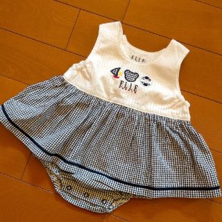 エル(ELLE)のELLE レトロ マリン刺繍  ギンガムチェック切り替え ロンパース ワンピース(ロンパース)