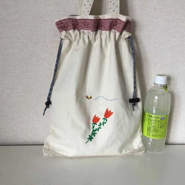 刺繍巾着バッグ　花　帆布　ハンドメイド ハンドメイドのファッション小物(バッグ)の商品写真