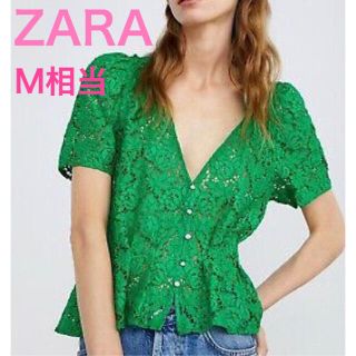 ザラ(ZARA)のZARA★鮮やか＆華やかグリーンの美映えレースブラウストップM〜L相当★中古美品(シャツ/ブラウス(半袖/袖なし))