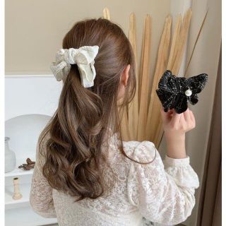 バナナクリップ ヘアクリップ シュシュ ポニーテール リボン ホワイト