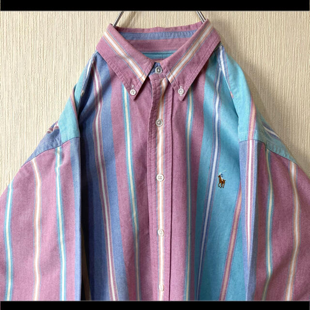 ボタンダウンシャツラルフローレン BDシャツ パステルカラー ストライプ マルチポニー 90s