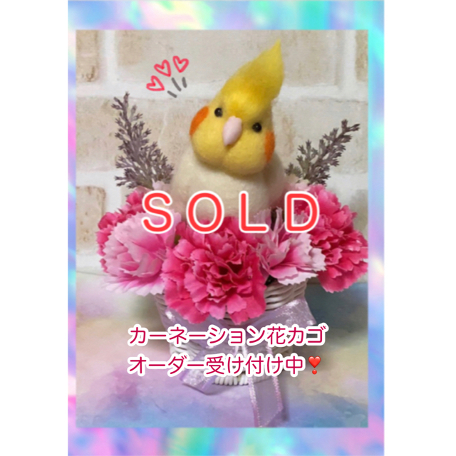 羊毛フェルト。オカメインコ。カーネーションの花カゴ。母の日。贈り物。