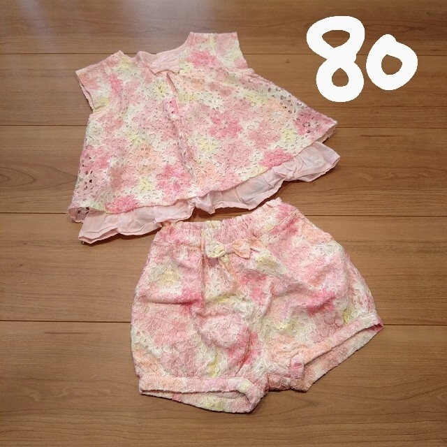 Biquette(ビケット)のビケット　セットアップ　80　女の子　夏服　レース　花柄　ピンク キッズ/ベビー/マタニティのベビー服(~85cm)(その他)の商品写真