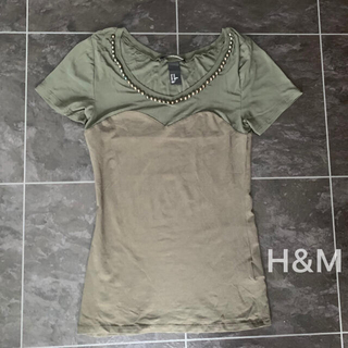 エイチアンドエム(H&M)のH&M♡スタッズ付メッシュTシャツ♡カーキ(Tシャツ(半袖/袖なし))