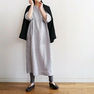 ムジルシリョウヒン(MUJI (無印良品))の【新品】無印良品 フレンチリネン洗いざらし七分袖ワンピース／グレー／Ｌ (ひざ丈ワンピース)