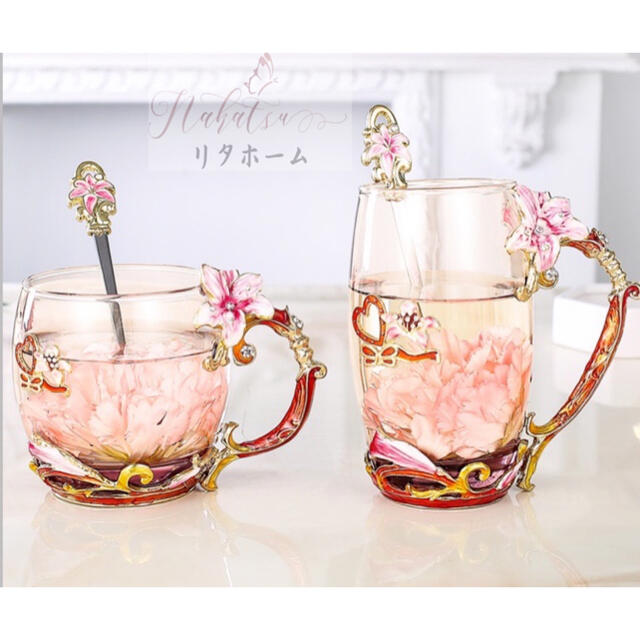 花柄ガラス製カップ2客 ティー・コーヒーカップセット